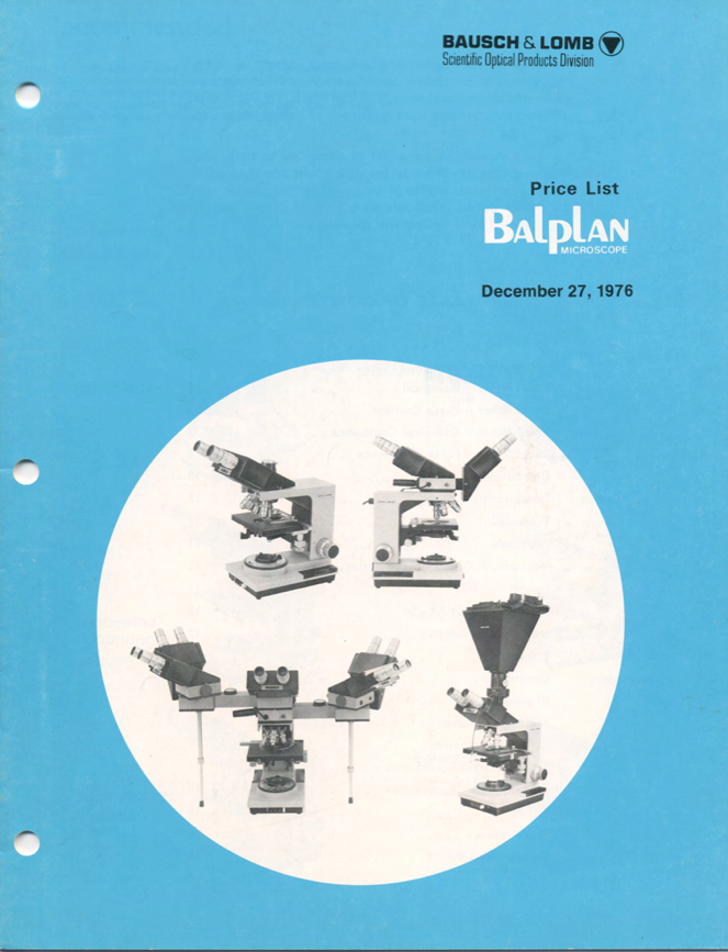 A blue and white brochure with several microscopes
Description automatically generated