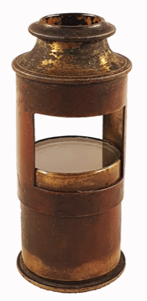 A metal cylinder with a glass window
Description automatically generated